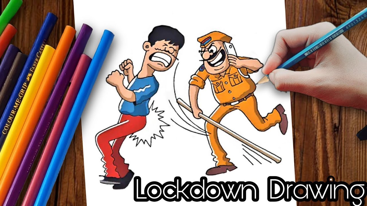 Lockdown Drawing || Social Distance For Coronavirus cartoon Drawing || pulice vs public draw