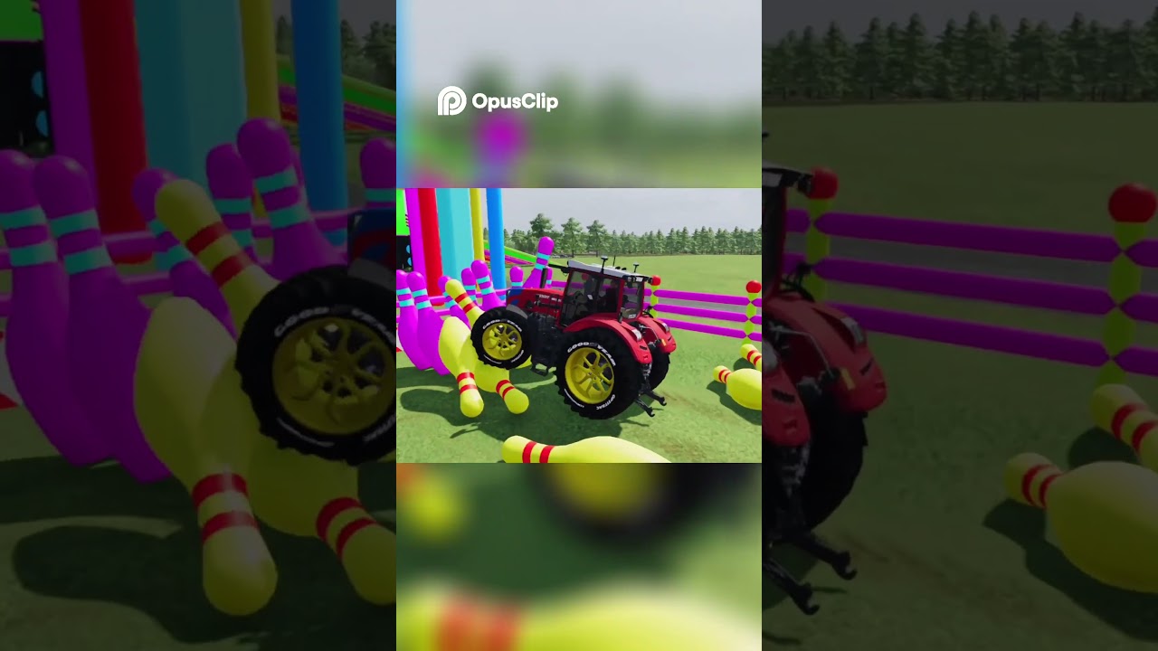 Трактор сокрушает полосу препятствий, кегли для боулинга и радуги!