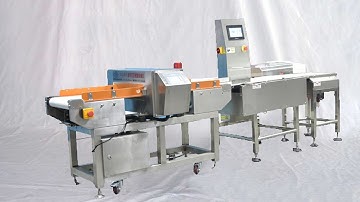 metal detector weight checking inline with applicant labels printing equipment automatic 稱重機金檢機連線