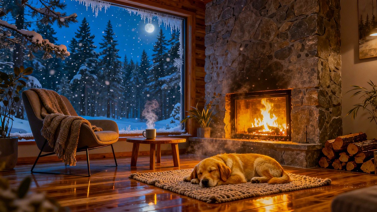 Cozy Winter Cabin Ambience 🔥 Gentle Piano Music, Sleeping Dog & Crackling Fireplace for Focus & Calm