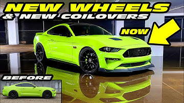 NEW WHEELS AND COILOVERS ON OUR GRABBER LIME GREEN S550 MUSTANG!!!! AND NEW FRONT LIP AND BADGES