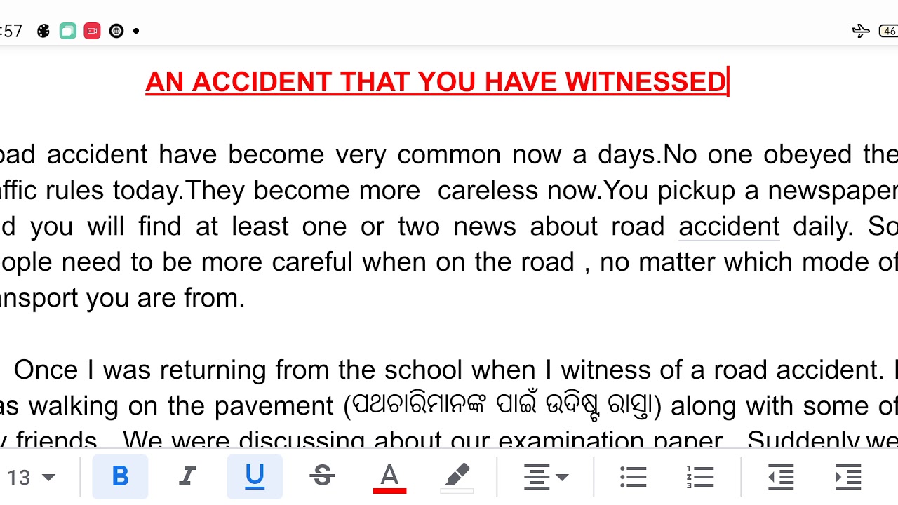 essay on a road accident you witnessed