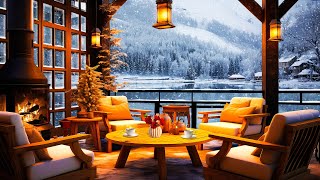 Warm Winter Atmosphere On The Outdoor Lakeside Cafe ☕ Soothing Jazz Music & Cozy Fireplace For Relax