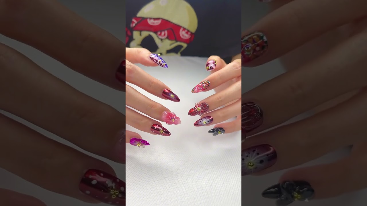 Midnight Blossom Long Almond Flowers Press On Nails 