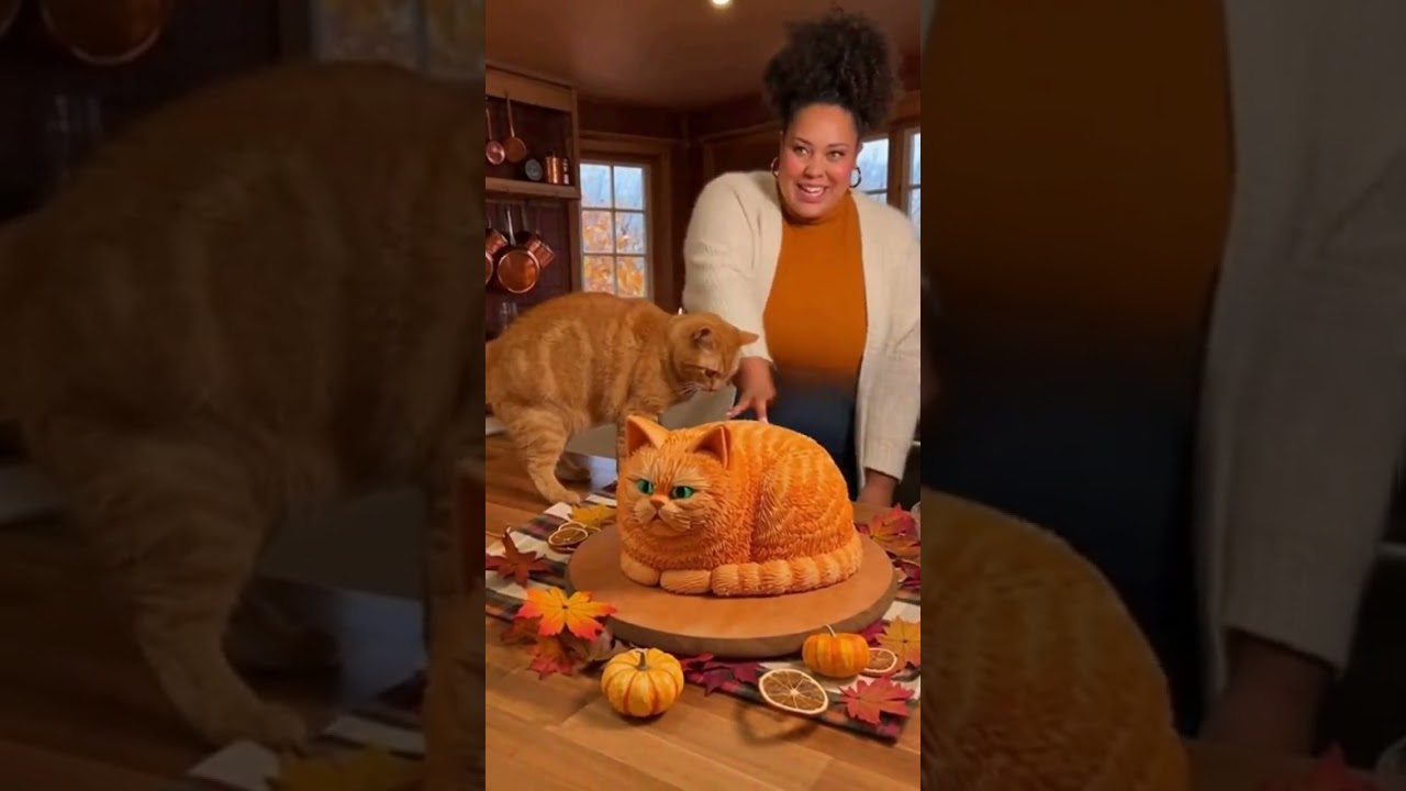 Cozy autumn kitchen, realistic cat cake centerpiece, real cat startled, warm tones, humorous realism