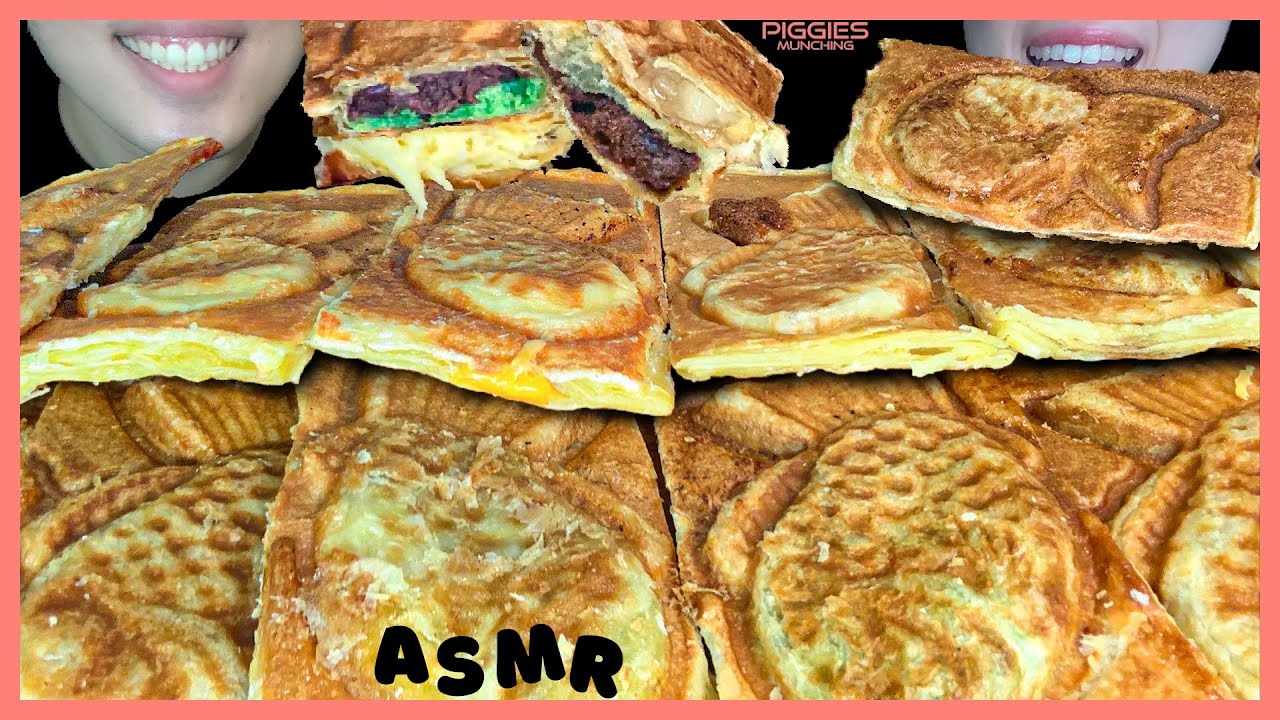 ASMR) CREAM FILLED TAIYAKI CROISSANT, FISH-SHAPED CROFFLE DESSERT MUKBANG No Talking Eating Sounds