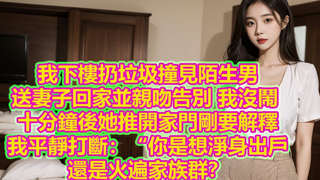 我下樓扔垃圾，撞見陌生男送妻子回家並親吻告別，我沒鬧，十分鐘後她推開家門剛要解釋，我平靜打斷：“你是想淨身出戶，還是火遍家族群？