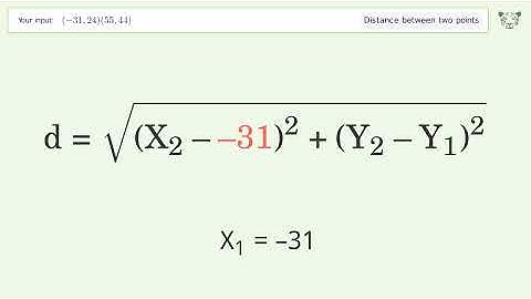 Find the distance between two points p1 (-31,24) and p2 (55,44): Step-by-Step Video Solution
