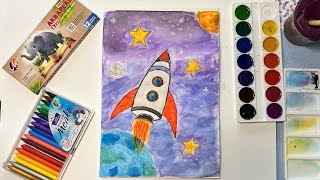 Рисунок акварелью к Дню космонавтики / Простой рисунок космоса для детей и начинающих
