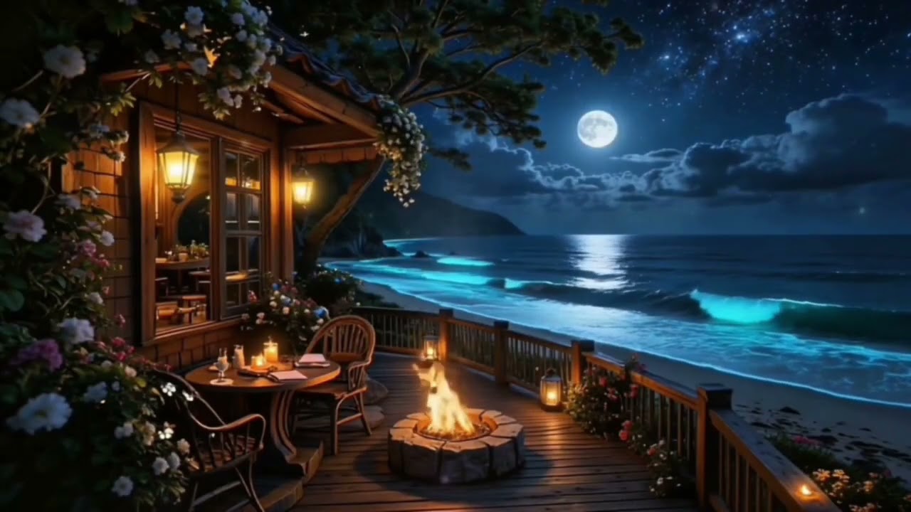 Moonlit Beach Cabin Night Ambience | Glowing Ocean Waves & Cozy Firelight
