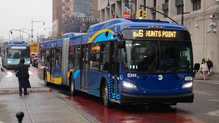 NYCT Bus: 2025 New Flyer XD60 #6344 on the Bx6 (w/ XN60s) along Hunts Point Avenue and 161st Street