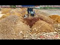 Nicely Skills Bulldozer Clean Up Soil And Level Huge Land With Dump Trucks Landfill Soil Mix Stones