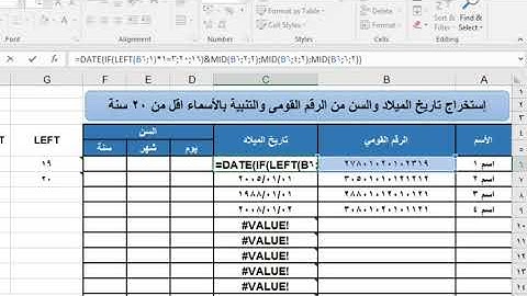 إستخراج تاريخ الميلاد والسن من الرقم القومي وتلوين الاسماء اقل من ٢٠ سنه