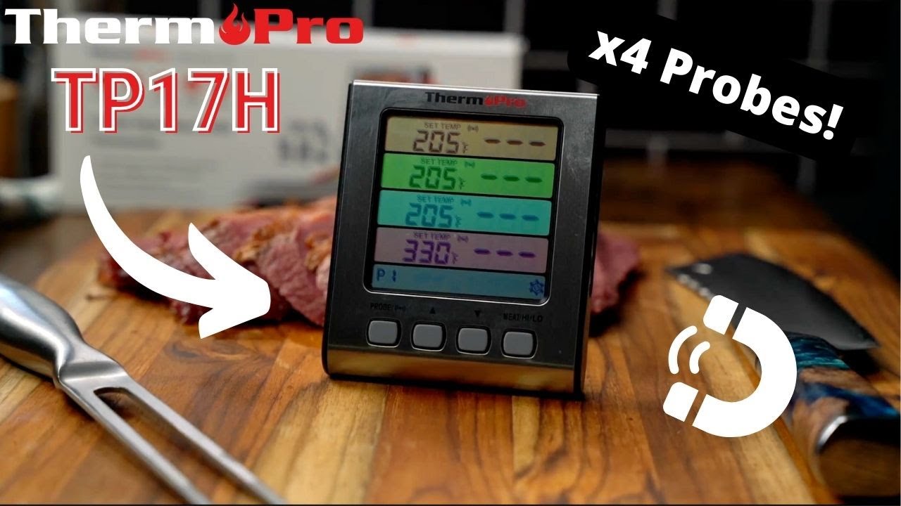 ThermoPro TP17HW 4 Probe Digital Meat Thermometer with Timer and HIGH/LOW  Alarms Grill Smoker Thermometer w/ Large Color Coded LCD Display in Black