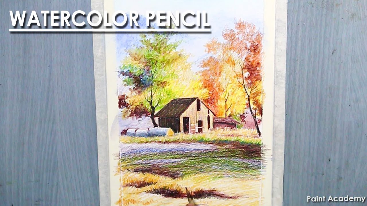 Watercolor Pencil Landscape- A Barn in the Meadow