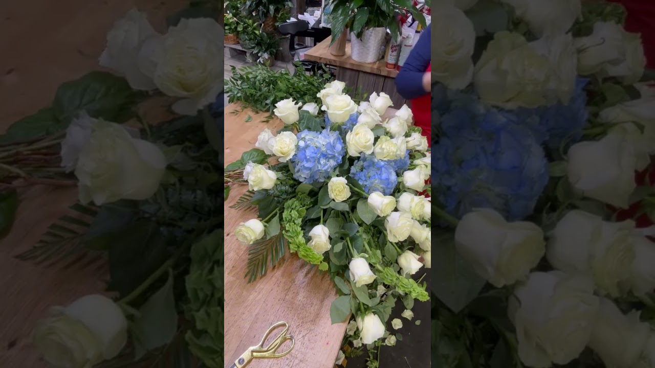 White Roses and Blue Hydrangea Memorial Spray