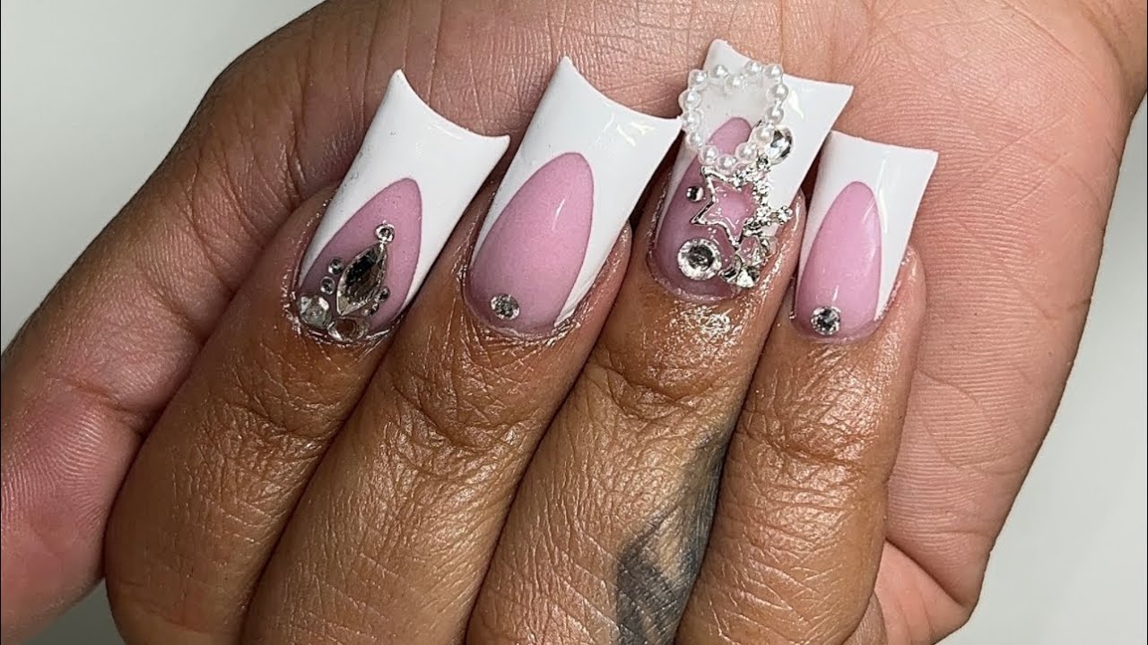 Short French Duck Nails 🤍🌸 Blinged Out Nails Duck Nails White French Nails YouTube