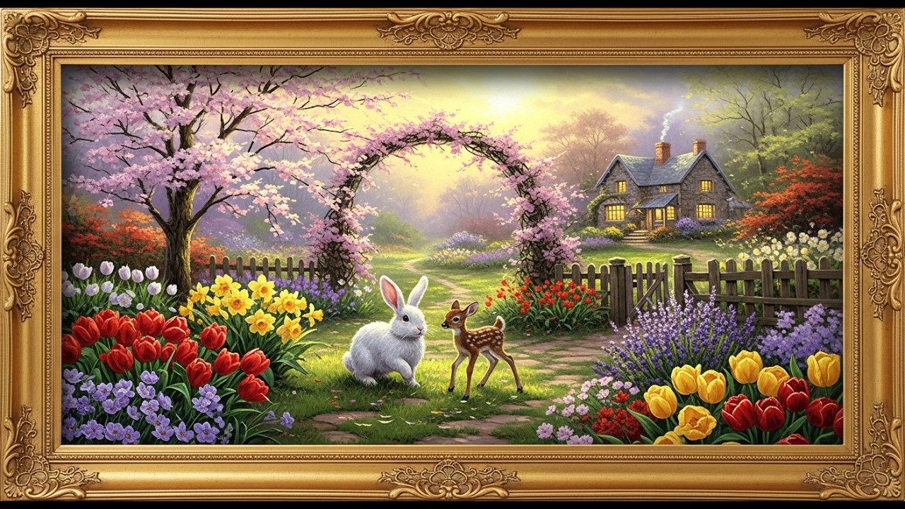 Frame TV Art with Music: Antique Style Spring Meadow: Bunny & Fawn Background | Enchanted Garden Art