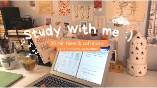 1 hour study with me 50/10 Pomodoro timer ⏱️ cozy lofi musical light academia desk