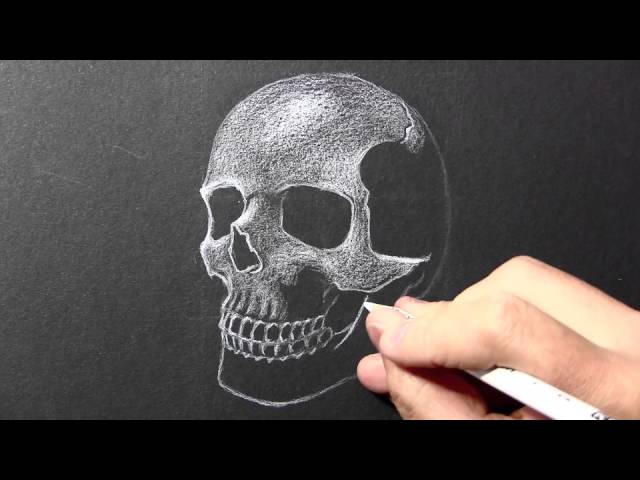 Got a black paper sketchbook for Christmas and did a skull study with white  pencil crayon. : r/drawing