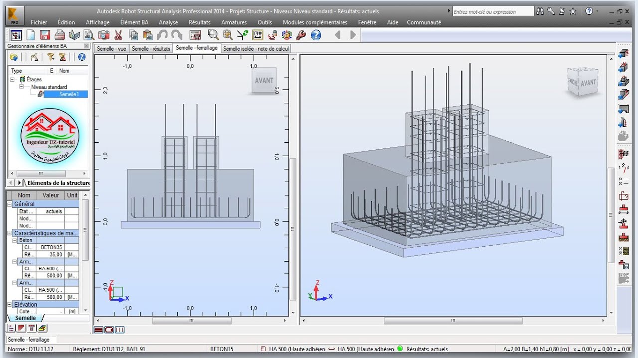 شرح تسليح (semelle jumelée (combinée على برنامج Robot Structural Analysis Professional 2014