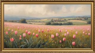 Gold Framed Vintage Tulip Field Wall Art | 4K Screensaver | Elegant Countryside Landscape screenshot 5