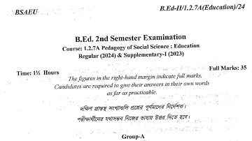 BSAEU  B.Ed. 2nd sem question|course 1.2.7A 2024 | pedagogy of social science teaching | education