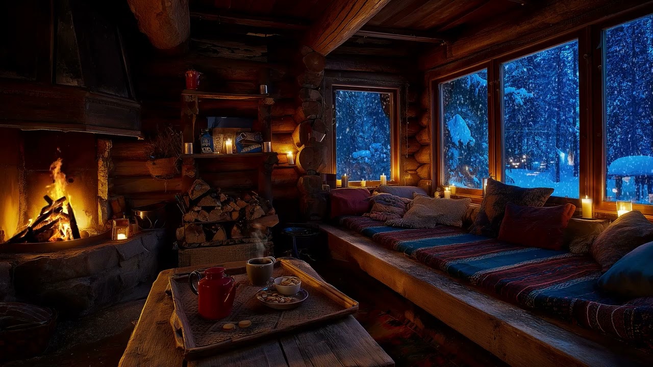Snowstorm Evening in a Wooden Cabin🔥Fireplace Sounds & Wind for Deep Sleep, Deep Relax