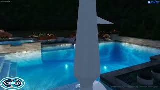 Geometric Pool & Spa with Stamped Concrete, Fire Pit & Fire Bowls