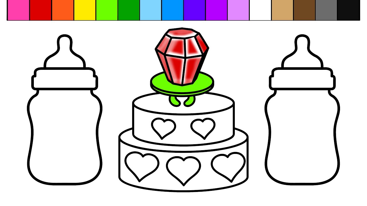 Learn Colors for Kids and Color this Ring Pop Heart Birthday Cake Baby Bottle Coloring Page