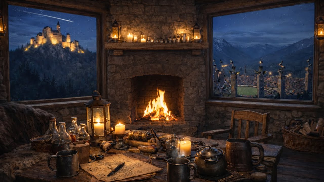 Cozy Starry Cabin Ambience 🔥 Fireplace Glow Inspired by Hagrid’s Hut