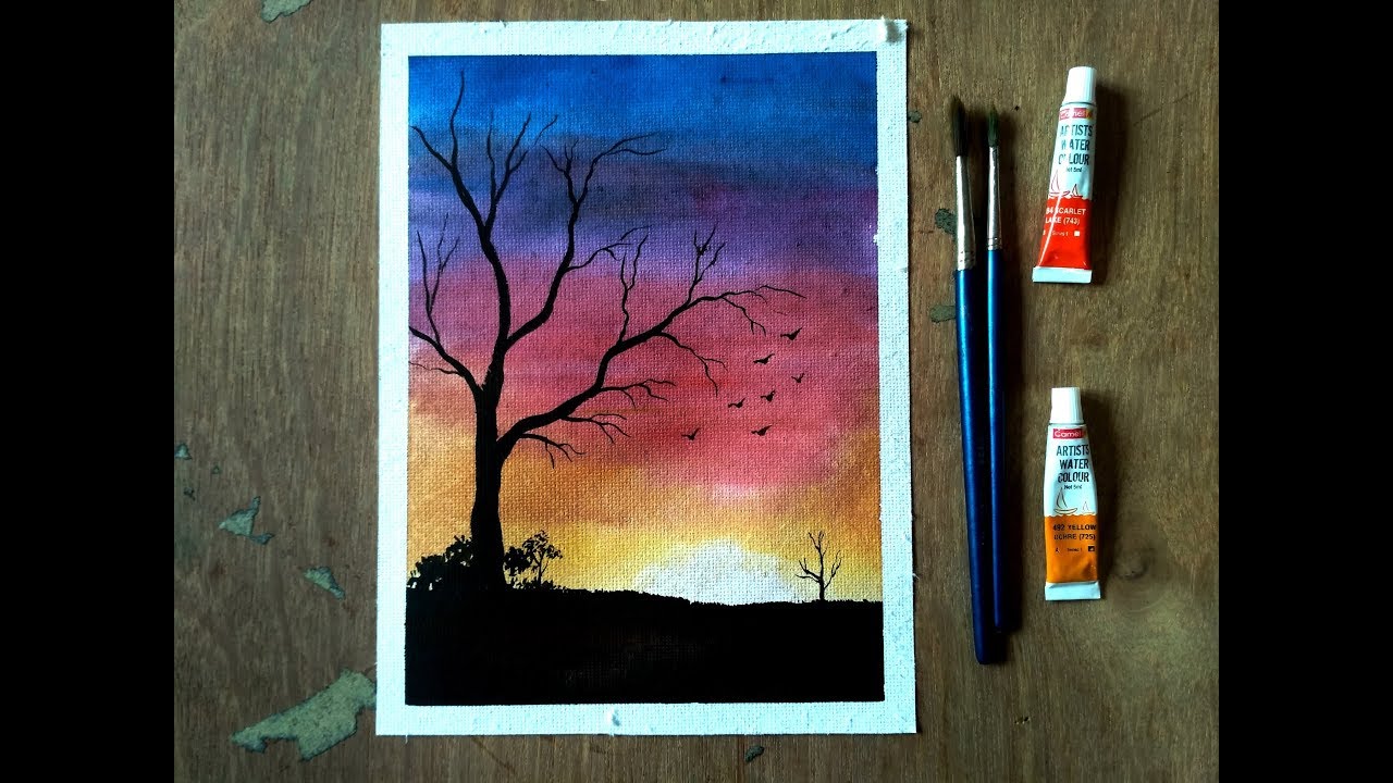 Watercolor Sunset Background Painting