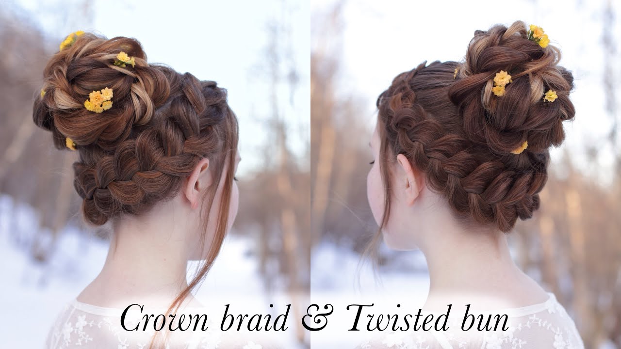 Crown braid & Twisted bun  Prom Hair - YouTube