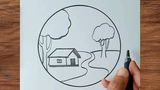 easy landscape drawing for beginners// circle scenery drawing