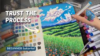 I Tried Arrtx Acrylic Markers for Painting // easy step-by-step landscape tutorial 🌳