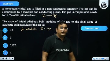 A monoatomic ideal gas is filled in a non conducting container. The gas can be compressed by a m....