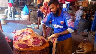 Beef Cutting Skills By Profeessional Butcher At Roadside Meat Shop.big Cow Meat Cutting Skills.