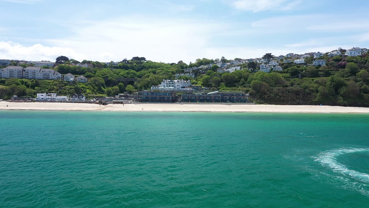 Carbis Bay Hotel Aerial fly in to Hotel from the sea