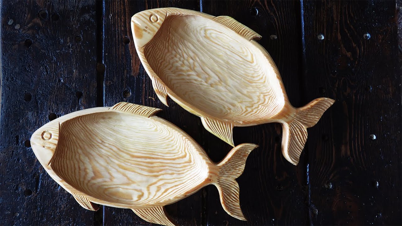 wood carving fish shaped plate - ASMR 