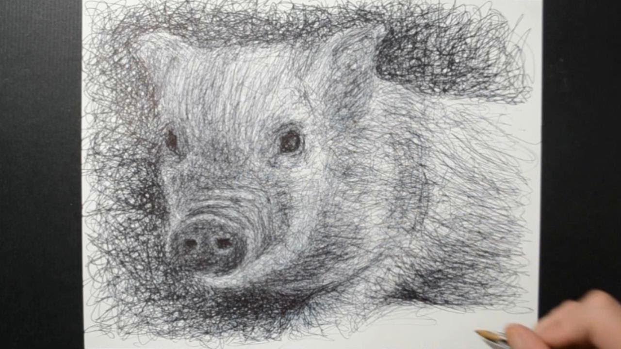 Drawing a Piglet / Ballpoint Biro Pen Sketch / Scribble Art Therapy / Day 061