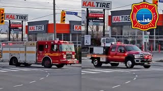 Toronto fire services, rescue 341 and multi-purpose vehicle responding
for 2nd alarm at 10 brethbridge rd. r341 is a smeal body mounted on
2009 spartan...