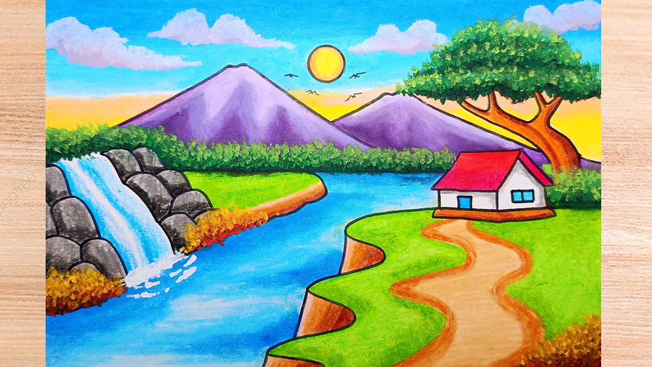 How to Draw a Beautiful Sunset Scenery of Mountains and Waterfalls