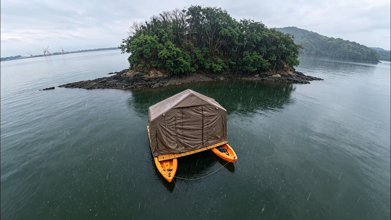 海上移動式の隠れ家で無人島に行き大雨釣りキャンプしたよ！