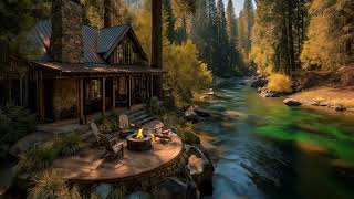 A Quiet Forest Riverside Porch Ambience 🌿 | Crackling Fire, Birds & Flowing Water