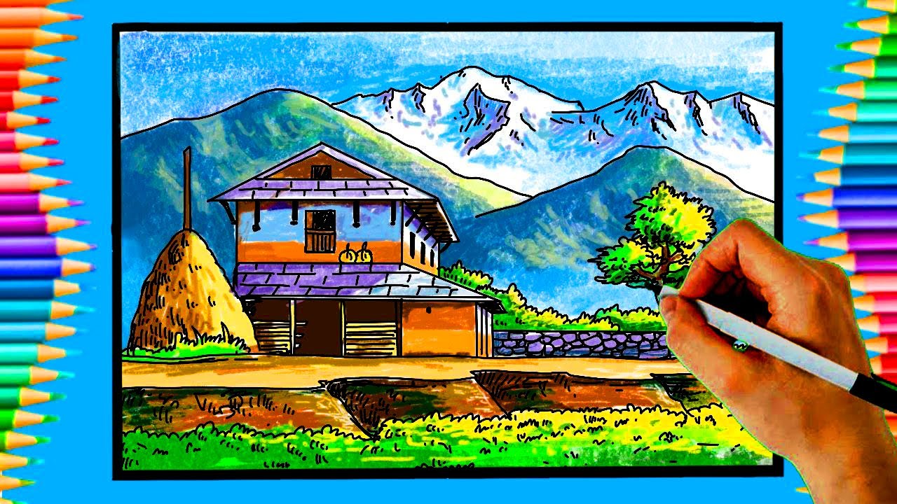 How to draw beautiful scenery | step by step drawing and Coloring ...
