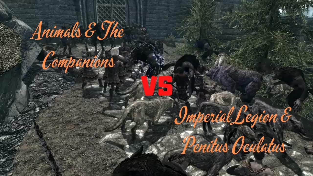 Skyrim Battles Animals & The Companions vs Imperial Legion & Penitus