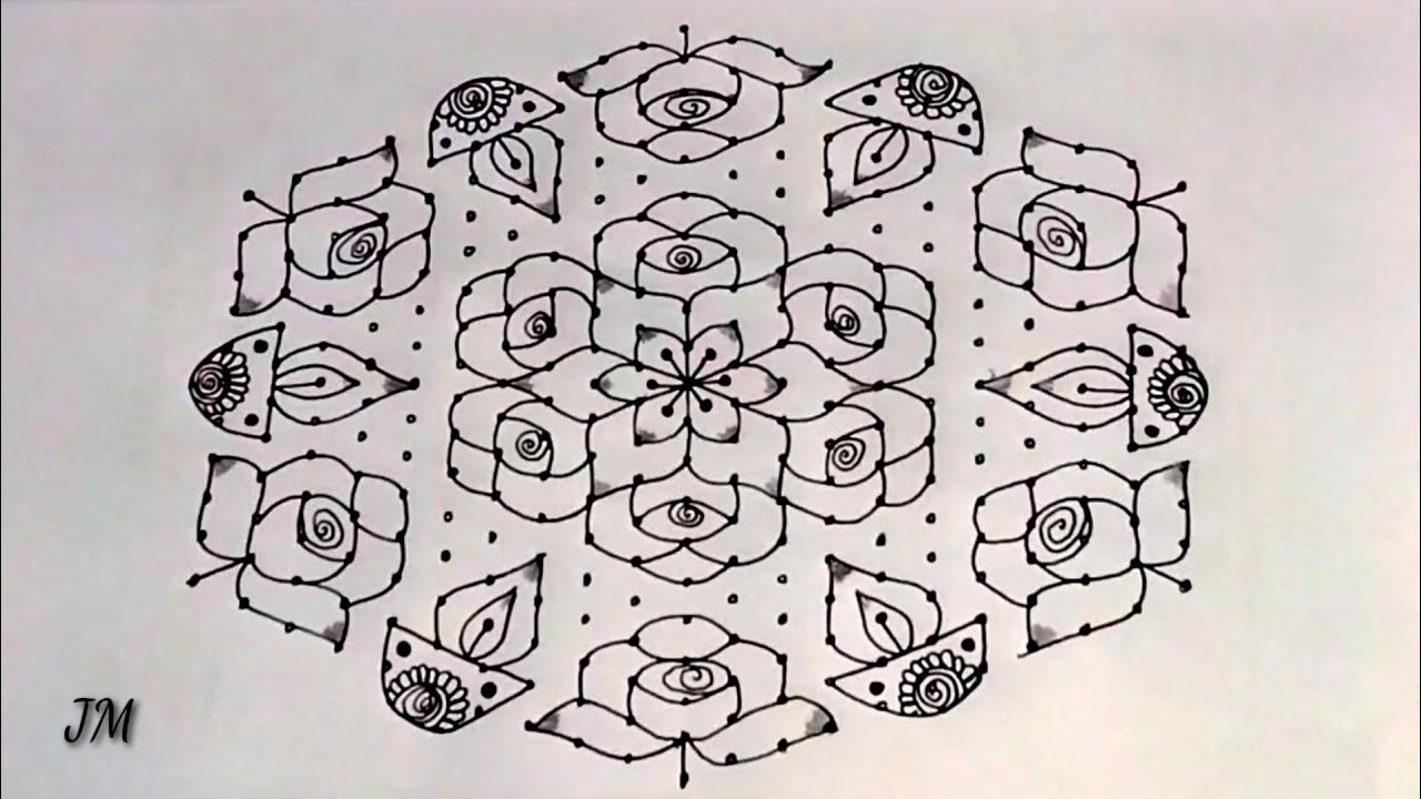 21*11 dots rangoli|beautiful rose flowers and deepam rangoli|simple and easy rangoli|BY JM CREATIONS