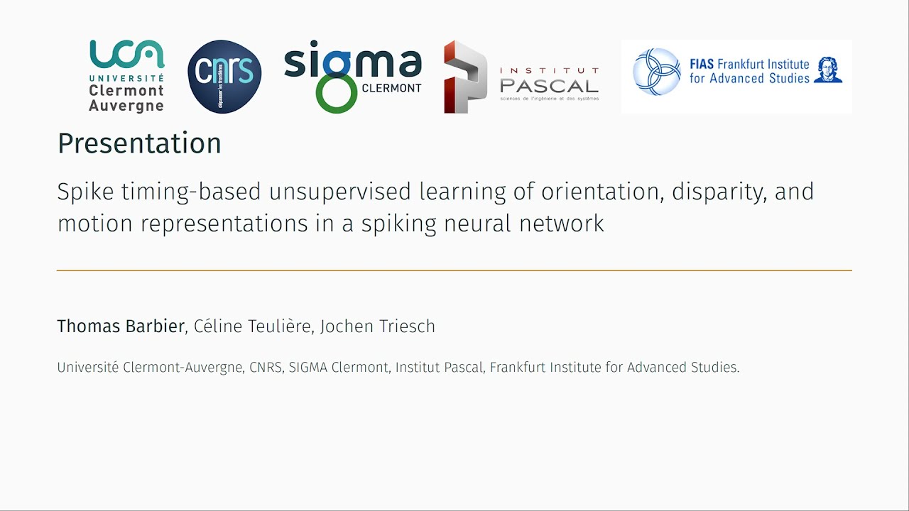 Spike timing-based unsupervised learning of orientation, disparity, and motion representations SNN | Thomas Barbier | 2021