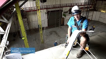 Rigging wide Y hang with 90 degree edge protection. Access Techniques Ltd