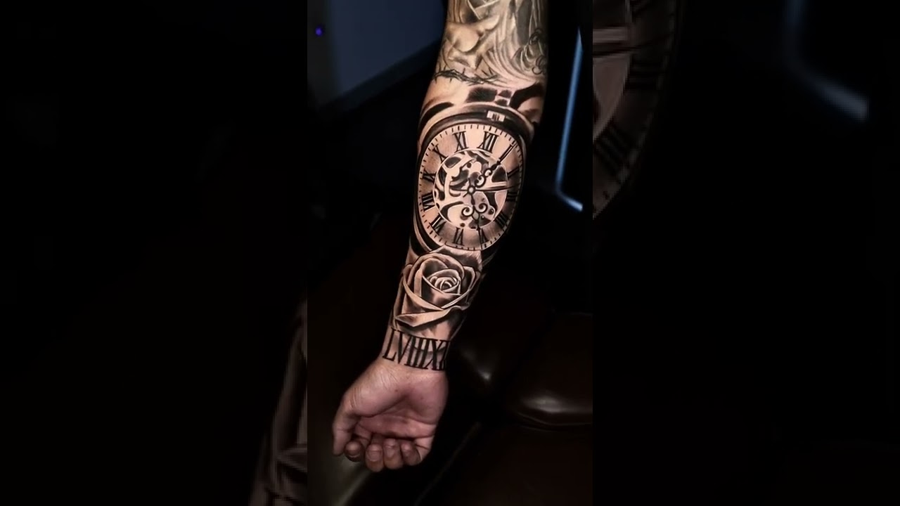 Black And Grey Realism Tattoo of Rose with Pocket Watch           